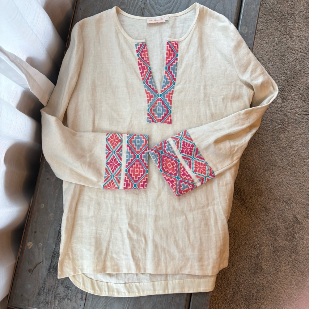 Tory Burch McKenna embroidered linen tunic | size 12